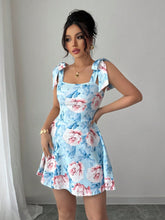 Elenzga Floral Print Shoulder Tie Waist A-Line Dress